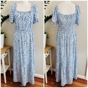 Grace & Emma Blue & White Floral Long Modest Tiered Smocked Maxi Dress - XL